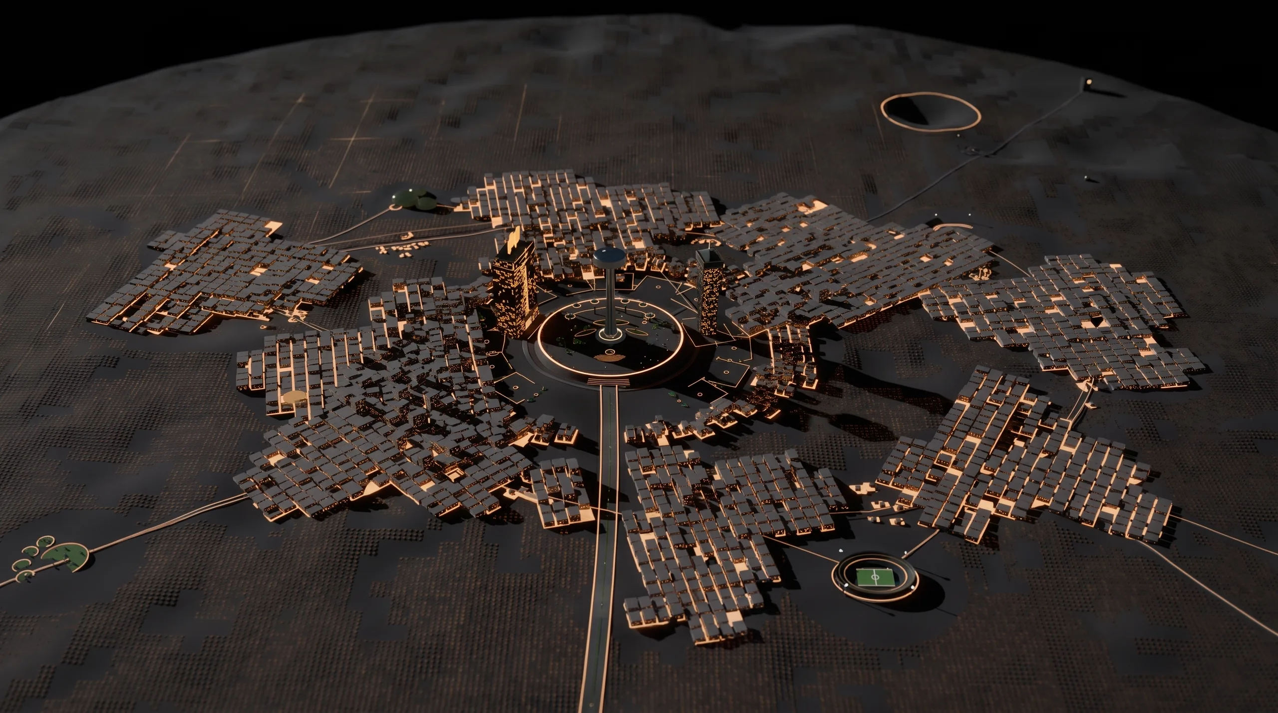 Aerial masterplan view of DogCity at night: glowing districts around the central plaza