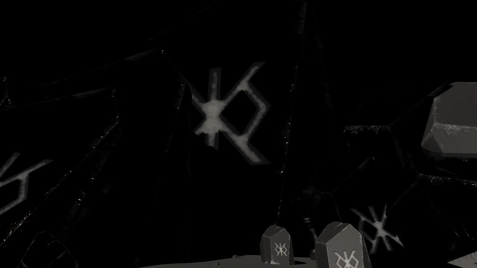 From The Last Step: the Great Runestone's white rune mark, a hundred metres tall, glowing on the black crystal face