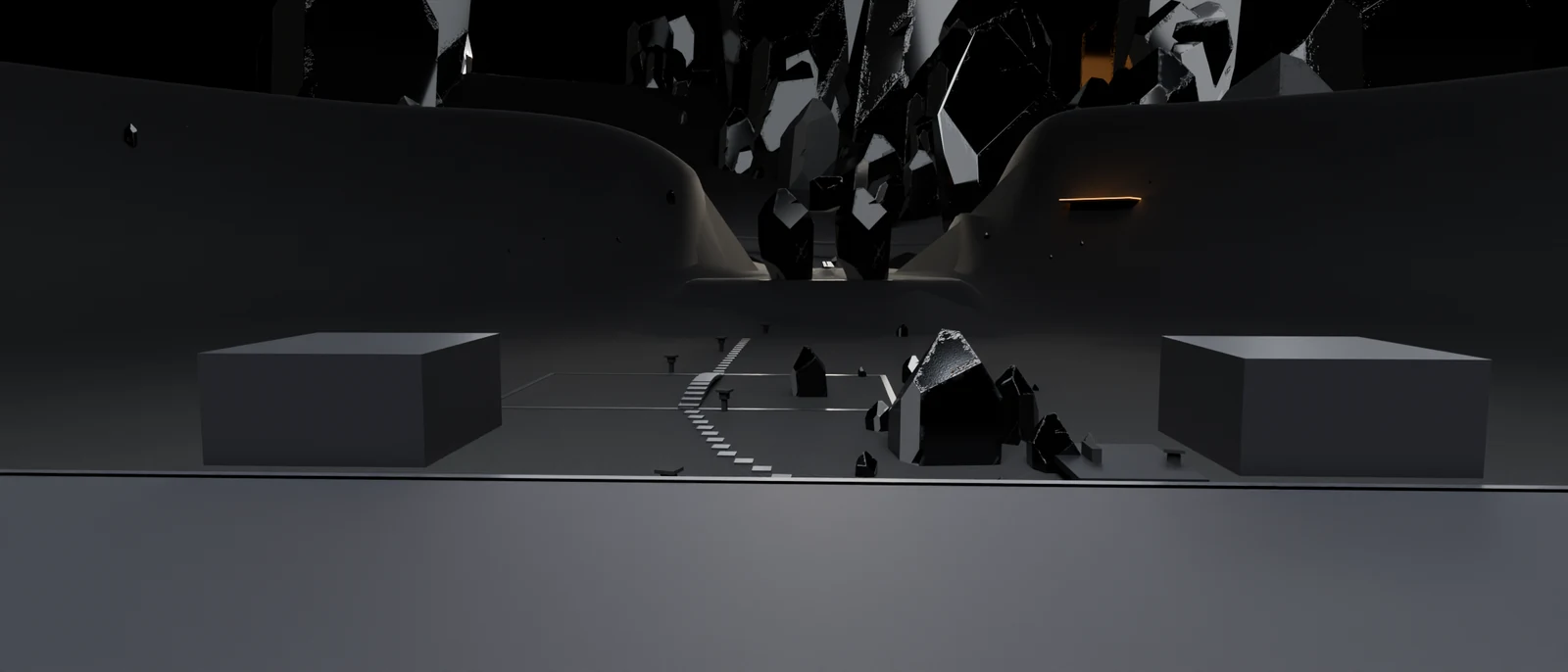 From the temple podium: a sunken garden of raked regolith with crystal islands, a black-glass pool, stepping stones and stone lanterns, held inside a crater rim with one notch cut through it