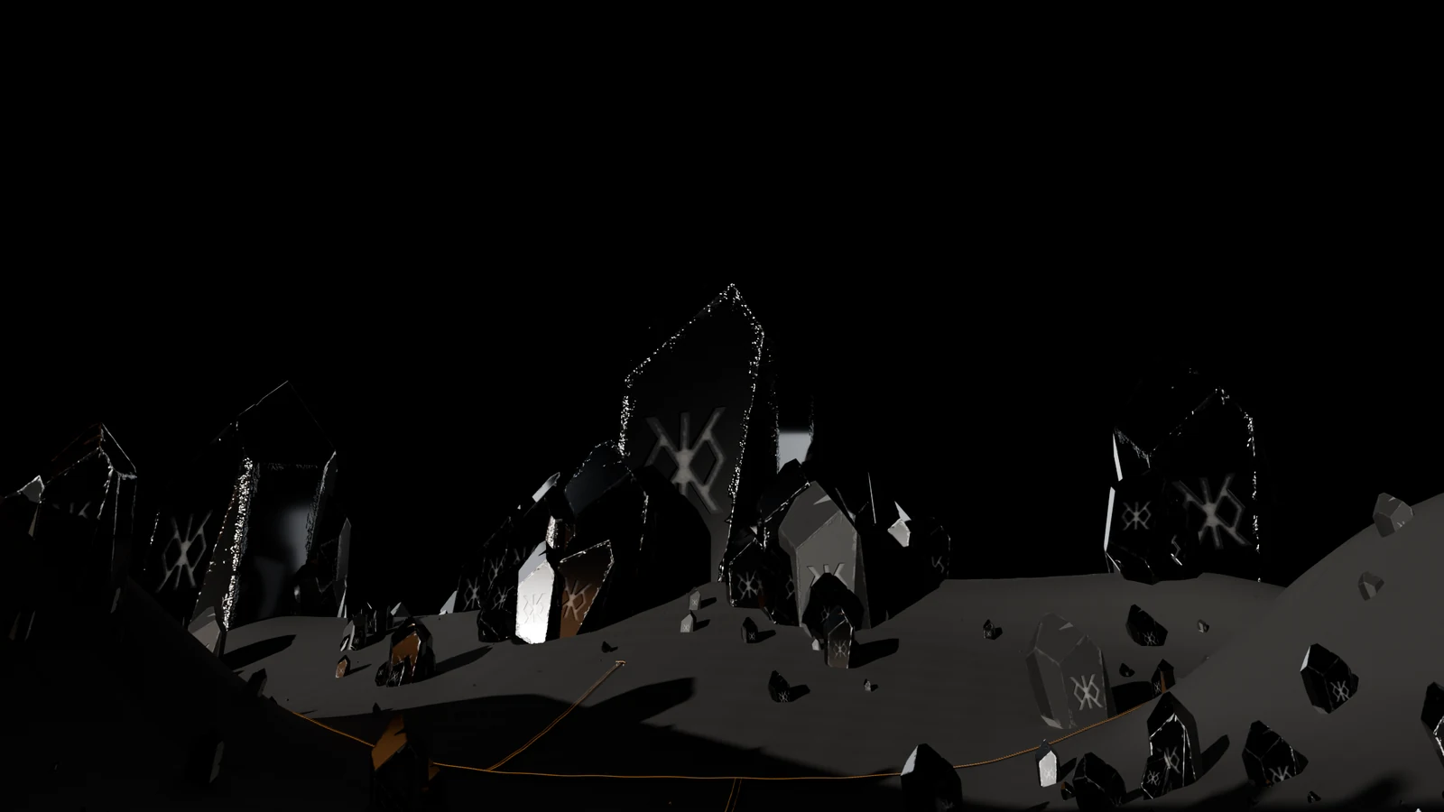 From the valley-floor trail: three rune-marked crystal giants stacked in depth, amber walkways threading the dark valley below