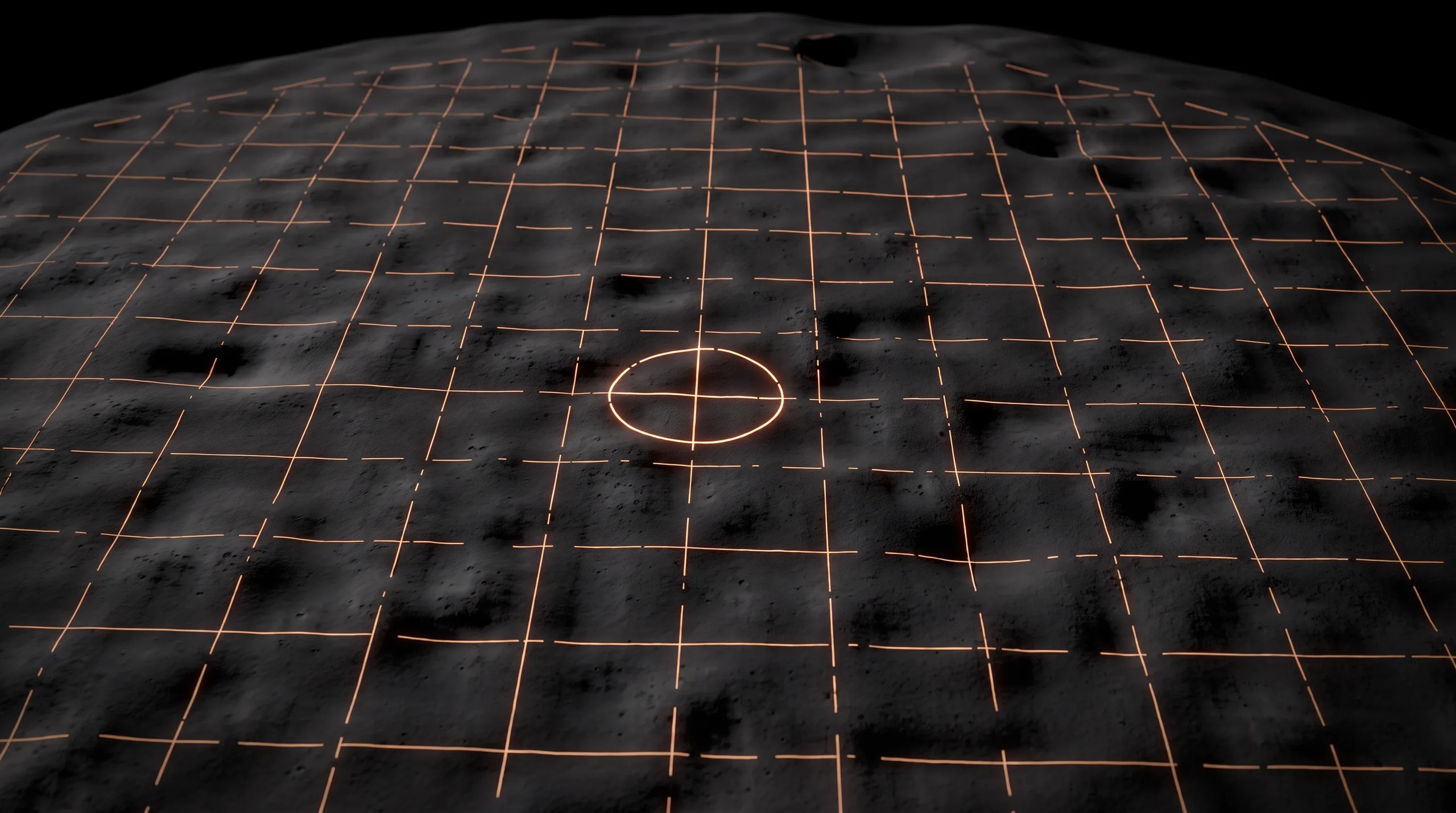 Dark lunar terrain covered by a faint glowing survey grid, with a circular plaza marker at the centre